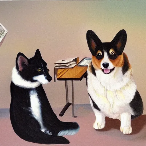 Prompt: corgi and cat fixing the website, oil painting