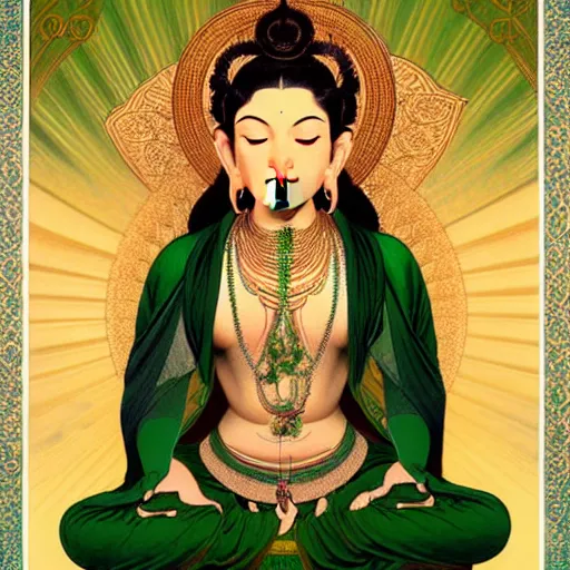 Image similar to intense portrait of the green tara bodhisattva meditating, intricate, elegant, highly detailed, my rendition, digital painting, artstation, concept art, smooth, sharp focus, green color scheme, illustration, art by artgerm and greg rutkowski and alphonse mucha