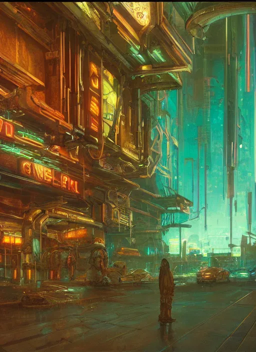 Image similar to cinema, sci - fi, cyberpunk, conceptual, hyperdetailed, donato giancola, james gurney, neon lights, mood lighting, rust