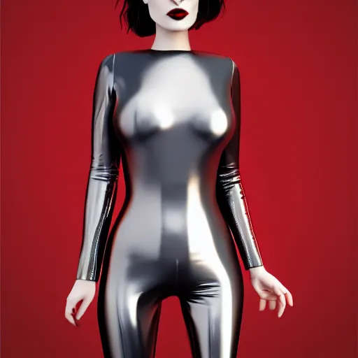 Prompt: portrait of a hot pale goth woman with elegant tight shiny silver and red latex rubber leather outfit, skinny waist and thick hips, photorealistic, amorous, sublime, 16k, smooth, sharp focus, cgsociety, ArtStation, volumetric lighting