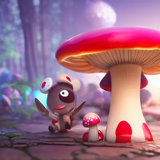 Image similar to : kawaii mushroom Character ,hyper detailed art station  parabolic lighting contest winners unrealengine trending on artstation,cinematic, hyper realism, high detail, octane render, 8k