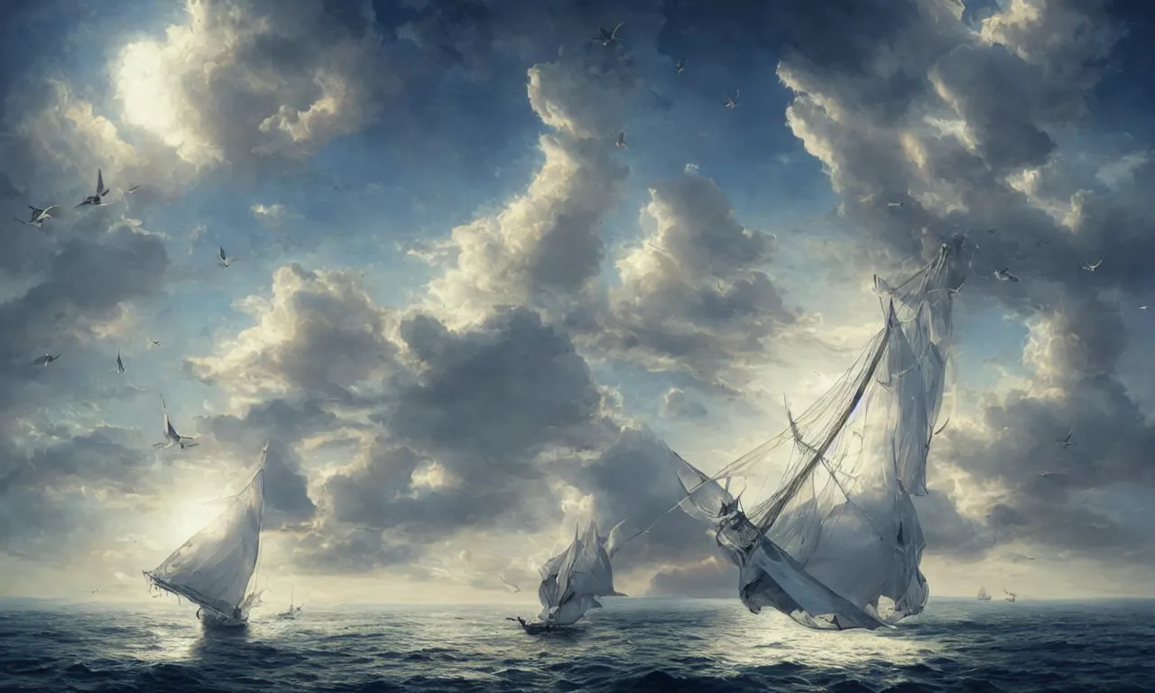 Prompt: a beautiful digital painting of a white caravel in the clouds, birds flying in the sunlight, numerous intricated sails, blue sky at sunset, elegant, highly detailed, artstation, concept art, matte, sharp focus, art by tom bagshaw, kelogsloops and greg rutkowski