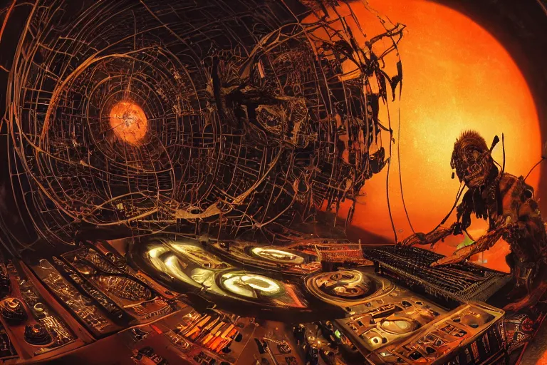 Image similar to a fisheye lens photo of a post apocalyptic tribal cyborg dj tweaking and playing synthesizers in the most complicated and technical spiral fractal musical studio, powerful, cinematic, beautifully lit, by donato giancola, by artgerm, by karol bak, 3 d, perfect face and body, trending on artstation, octane render, 8 k