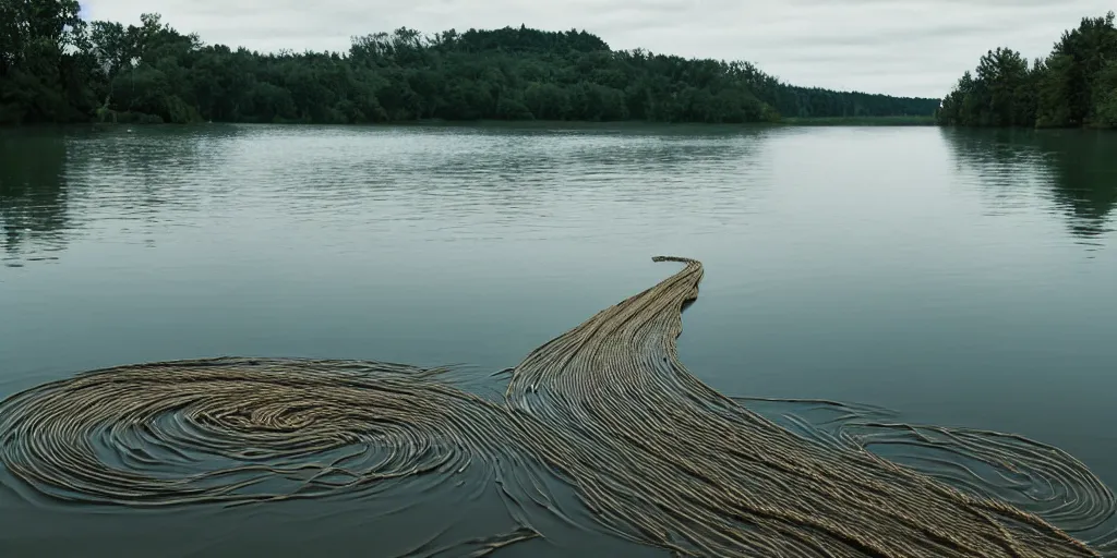 Prompt: centered photograph of a long rope zig zagging snaking across the surface of the water into the distance, floating submerged rope stretching out towards the center of the lake, a dark lake on a cloudy day, color film, trees in the background, hyper - detailed photo, anamorphic lens