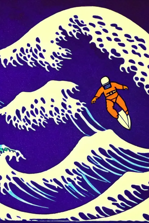 Image similar to an astronaut surfing the great wave off kanagawa on a purple surboard