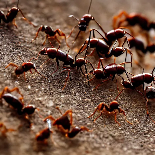 Prompt: macro photo of ants herding their tiny elephants