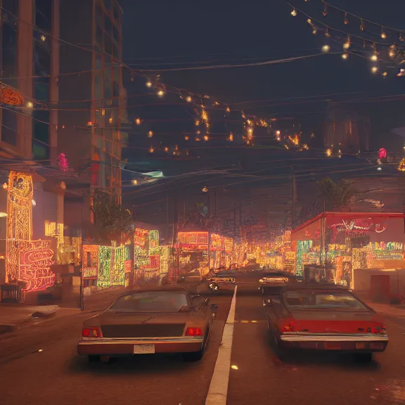 Image similar to Downtown Mexico, string lights, colorful lighting, night, realism, gta 5 screenshot, by Tooth Wu, by Lienzo Óleo Paisaje, by Greg Rutkowski