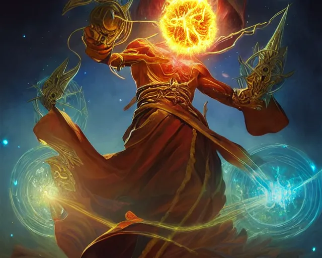 Image similar to extreme cosmic power, wizard casting the biggest greatest brightest destructive fireball in the world, deep focus, d & d, fantasy, intricate, elegant, highly detailed, digital painting, artstation, concept art, matte, sharp focus, illustration, hearthstone, art by artgerm and greg rutkowski and alphonse mucha