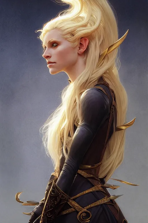 Image similar to portrait of a wise blonde elven mage, dark, piercing eyes, gentle expression, elegant clothing, photorealistic, highly detailed, artstation, smooth, sharp focus, art by michael whelan, artgerm, greg rutkowski and alphonse mucha