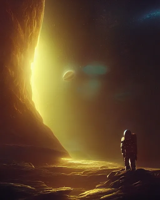 Image similar to space exploration, alien planet, expansive views of space, nebula, inspired by greg rutkowski and Keith Mallett, digital art, extremely moody lighting, glowing light and shadow, atmospheric, shadowy, cinematic