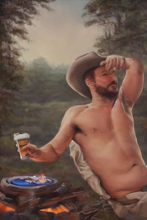 Prompt: an ethereal painting of a rugged handsome shirtless man with a beer belly and cowboy hat sitting by a campfire.