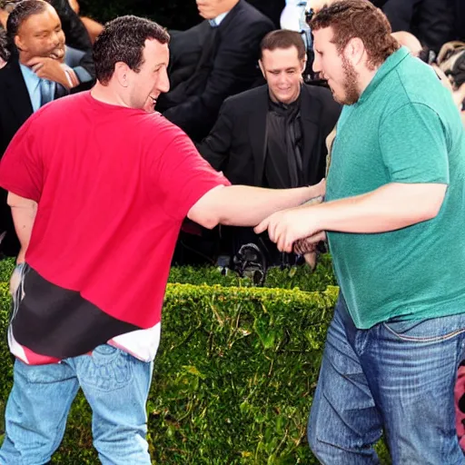 Image similar to adam sandler and jonah hill jousting