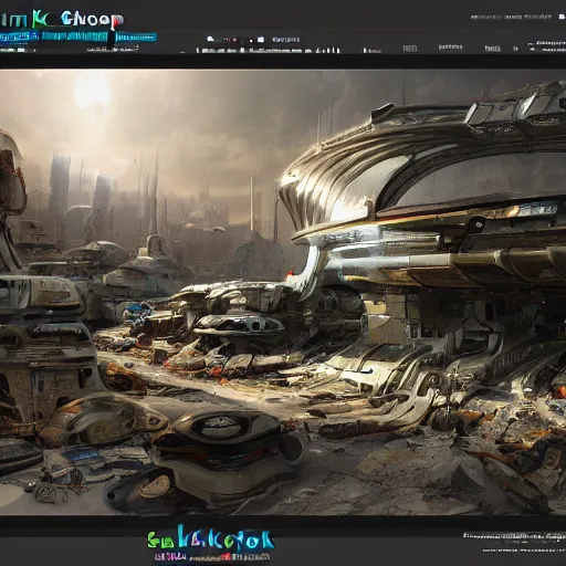 Prompt: scifi junkshop, digital art, photoreal, unreal engine, featured on artstation