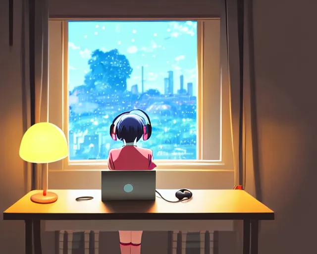 Image similar to anime fine details portrait of joyful school girl in headphones studying near monitor in her room at the table, evening, lamp, lo-fi, open window, dark city landscape on the background deep bokeh, profile close-up view, anime masterpiece by Studio Ghibli. 8k, sharp high quality anime