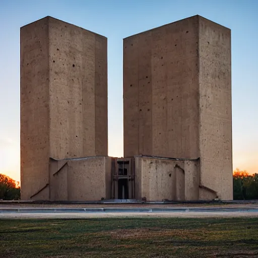 Prompt: a wide shot of a soviet beautiful brutalist monumental building, with many rounded elements sprouting from the base tower creating a feel of an organic structure, photography shot at golden hour