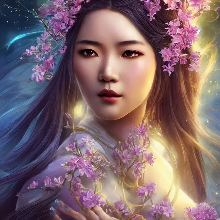 Image similar to beautiful cinematic fantasy poster, a beautiful vietnamese goddess wearing a long flowy ao yai with enbroidered flowers with flowing illuminated hair, beautiful glowing galaxy eyes, wideshot ultrawide angle epic scale, hybrid from The Elden Ring and art direction by Darius Zawadzki ;by artgerm; wayne reynolds art station; cinematic quality character render; low angle; ultra high quality model; production quality cinema model;