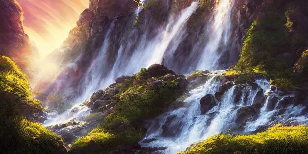 Image similar to beautiful waterfall between lush mountains in the sunset casting rays of light, highly detailed, sharp focus, artgerm, cgsociety, desaturated