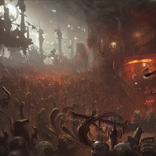 Prompt: An insectoid alien walks into a crowded, rowdy pirate tavern, fantasy art by Greg Rutkowski