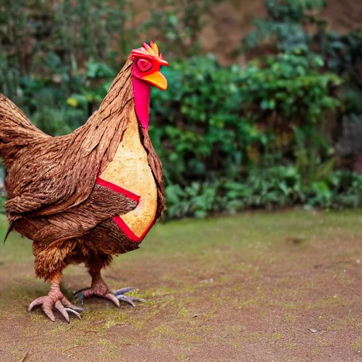 Image similar to a giant, brown war chicken with glowing red eyes and sharp claws