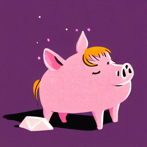 Image similar to comic art of a cute far pig sitting on pile of pink salt, drawn by Alan Moore, vivid color, cgsociety 4K