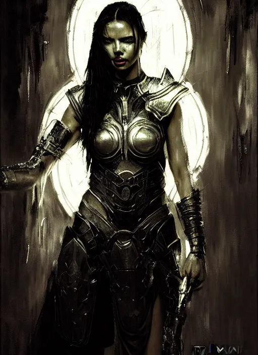 Prompt: portrait of adriana lima as mage wearing arcane light armor, fantasy, cinematic lighting, by jeremy mann