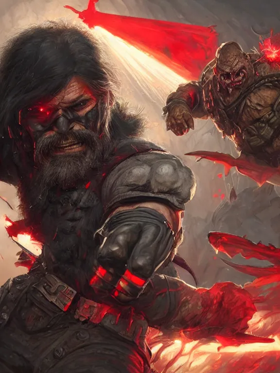 Prompt: Dr Disrespect fighting against an Orc, red lighting, time warping, D&D, fantasy, highly detailed, digital painting, trending on artstation, concept art, sharp focus, illustration, art by artgerm and greg rutkowski and magali villeneuve