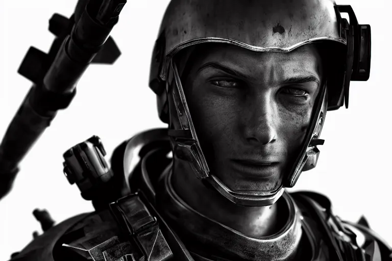 Image similar to still photo of a iron tech age war man looking at the camera in a battlefield, black and white color aesthetic, highly detailed, photorealistic portrait, bright studio setting, studio lighting, crisp quality and light reflections, unreal engine 5 quality render