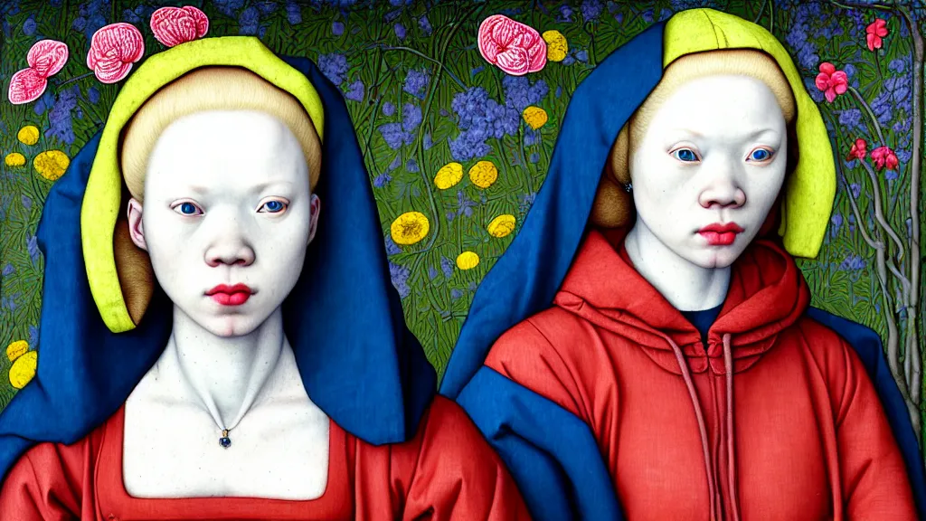 Image similar to portrait of a woman with albinism, wearing a neon blue hoodie, standing in a botanical garden full of flowers, intricate details, high detail, in the style of rogier van der weyden and jacopo da pontormo, by mark ryden, punk, asian art,