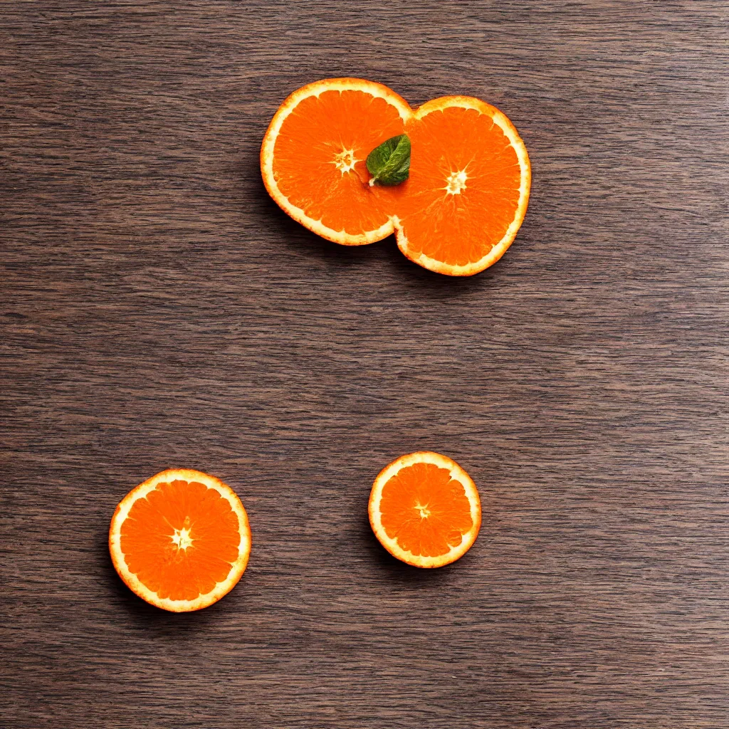 Prompt: top-down view with a single slice of orange slice on top of a wooden table, 4k, photorealistic