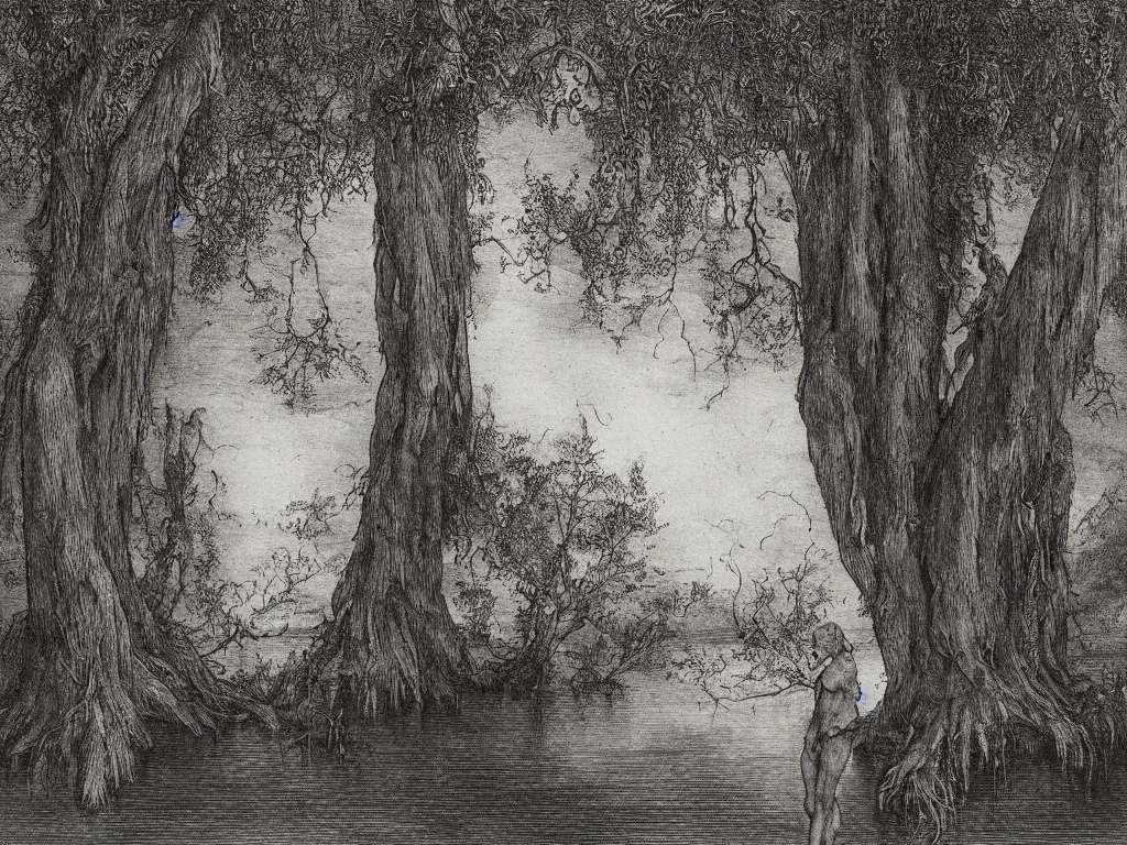 Image similar to Strange albino blue eyed man shoulders deep in a dark lake in the evening. Aurora Borealis, strange Banyan trees. Painting by Albrecht Durer and Gustave Doré, ink on paper.