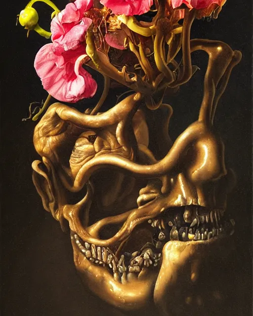 Image similar to refined gorgeous blended oil painting with black background by christian rex van minnen rachel ruysch dali todd schorr of a chiaroscuro portrait of an extremely bizarre disturbing mutated man made of still life flowers and rubber insects with shiny skin acne dutch golden age vanitas intense chiaroscuro cast shadows obscuring features dramatic lighting perfect symmetry perfect composition masterpiece