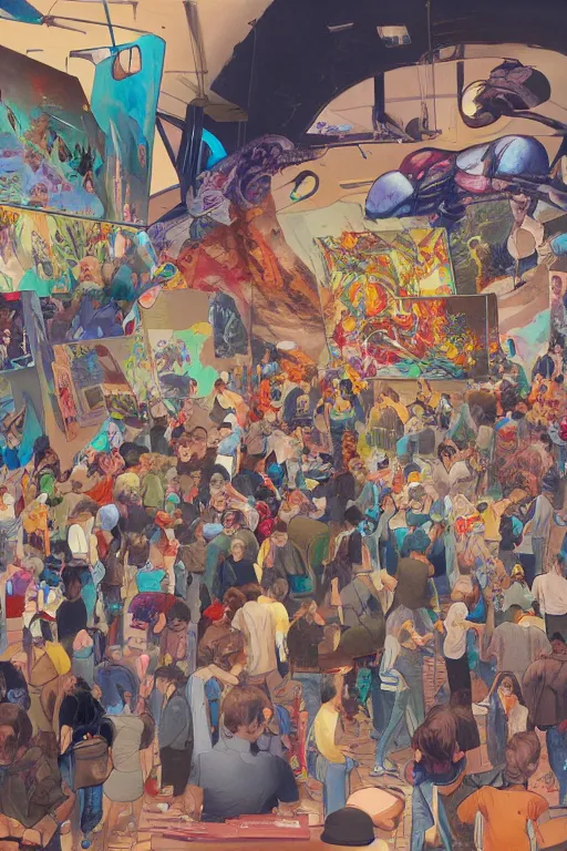Image similar to Full length view of people viewing a stack of televisions broadcasting graffiti art in a museum gallery, professional illustration by artgerm, painterly, yoshitaka Amano, hiroshi yoshida, moebius, loish, painterly, and james jean, illustration, backlit, masterpiece