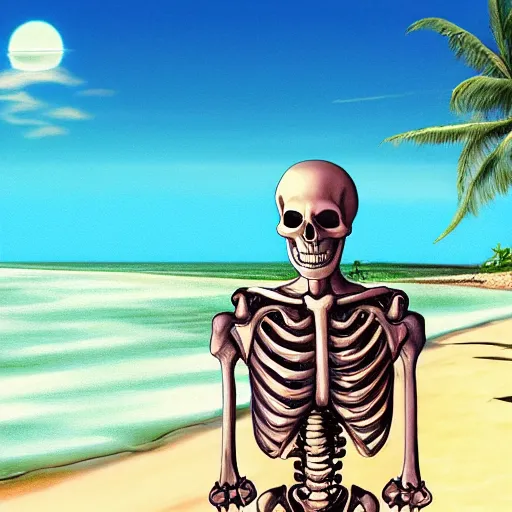 Image similar to Beautiful digital painting portrait of relaxed skeleton walking on the tropical beach with nuclear bomb explosion in the background, high quality, trending on Artstation, realistic, tropical color scheme, anatomically correct skeleton, high coherence, clear blue sky