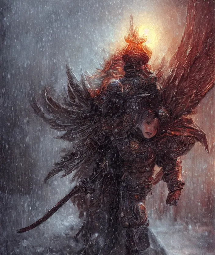 Image similar to armored angel warrior in a snowstorm, mysterious, fantasy artwork, warm colors, by seb mckinnon