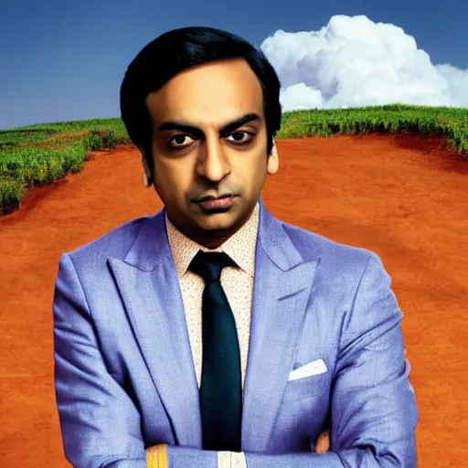 Prompt: Raj Koothrappali as Saul Goodman, promo poster, clouds in the background