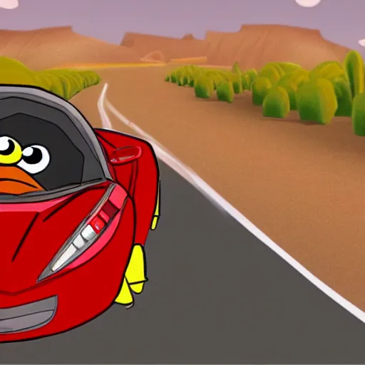 Prompt: the red bird from angry birds driving a ferrari in the desert