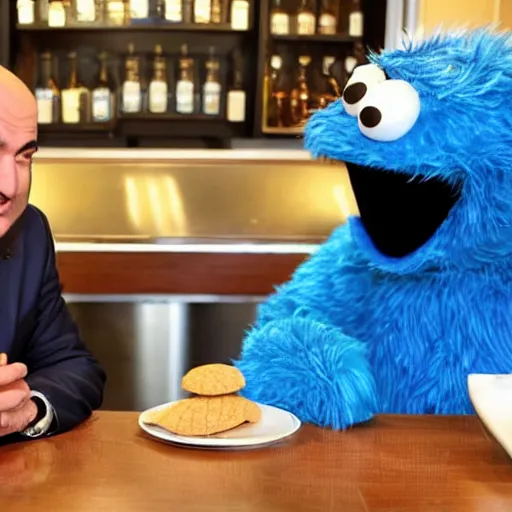 Prompt: lebanese Kevin O'leary talking with cookie monster, in a café