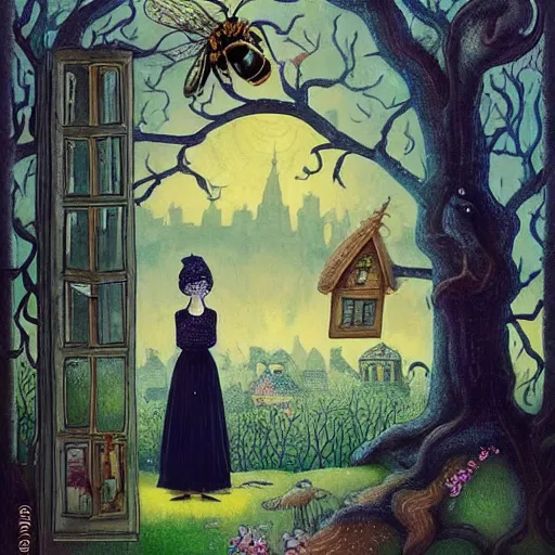 Image similar to a portrait of a woman standing infront of a window, she is happy and has lovely hair and eyes, a man is standing behind her with a look of suprise in his face, 🪴🌳🐝, 8 k, lowbrow, in the style of daniel merriam and alexander jansson,