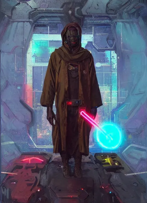 Prompt: a full body sci - fi portrait, oil painting, illustration of an old african jedi, techwear, colourful, glowing lights!! by justin sweet and greg rutkowski and alphones much