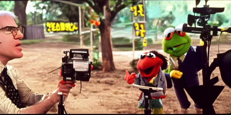 Prompt: Wide angle photoreal Cinematography of a Photorealistic Steve Martin in 1979 shot on a 9.8mm wide angle lens on the set of The Muppet Movie