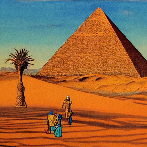 Prompt: a beautiful painting of a large pyramid floating above a vast desert with people gathered underneath by moebius