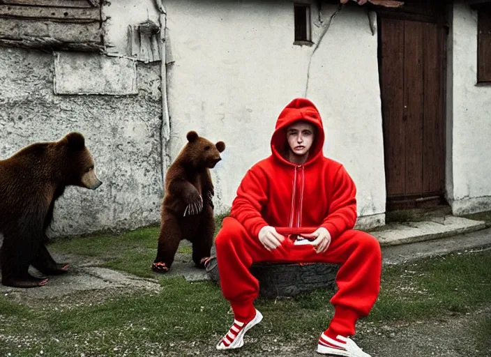 Image similar to 2 0 years old gopnik in adidas costume drinking vodka, while a bear plays on balalaika, soviet yard, typical russian atmosphere, symmetrical, cinematic, real photography