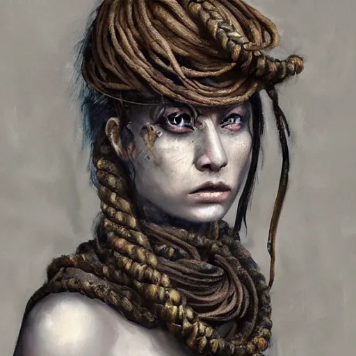 Image similar to portrait of a Shibari rope wrapped face and neck, headshot, insanely nice professional hair style, dramatic hair color, digital painting, of a old 15th century, old cyborg merchant, amber jewels, baroque, ornate clothing, scifi, realistic, hyperdetailed, chiaroscuro, concept art, art by Franz Hals and Jon Foster and Ayami Kojima and Amano and Karol Bak,