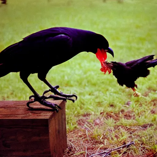 Image similar to photo of a crow eating a chicken wing, cinestill, 800t, 35mm, full-HD