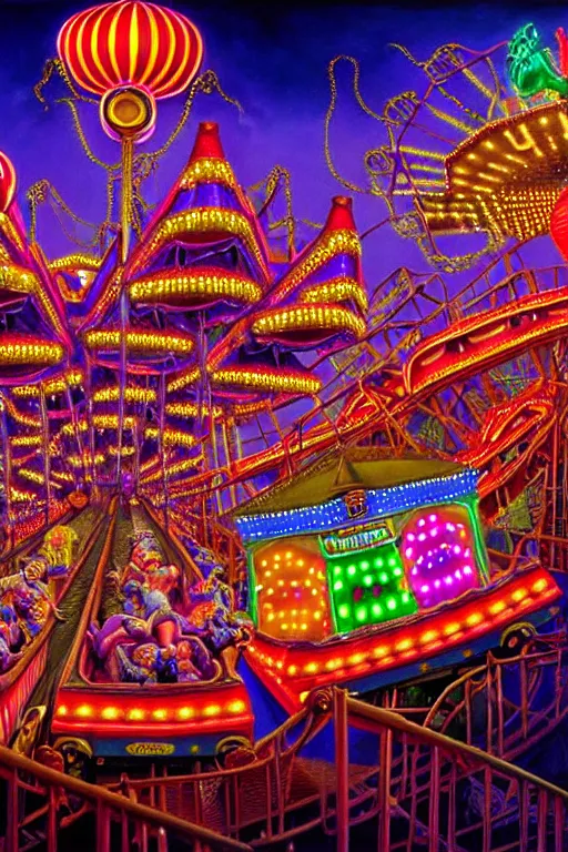 Prompt: a hyperrealistic detailed painting of an ornate carnival in town with rides, glowing lights, colorful, chimeric horror creatures riding a rollercoaster. cinematic lighting, depth perspective, depth of field, cinematic angle, by chris cunningham and richard corben, highly detailed, vivid color,