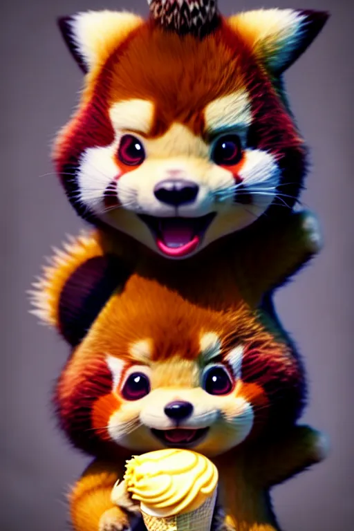 Image similar to high quality 3 d render hyperrealist very cute lowbrow happy red panda & hedgehog hybrid eating ice cream, vray smooth, detective pikachu, very dramatic light, low angle, uhd 8 k, shallow depth or field