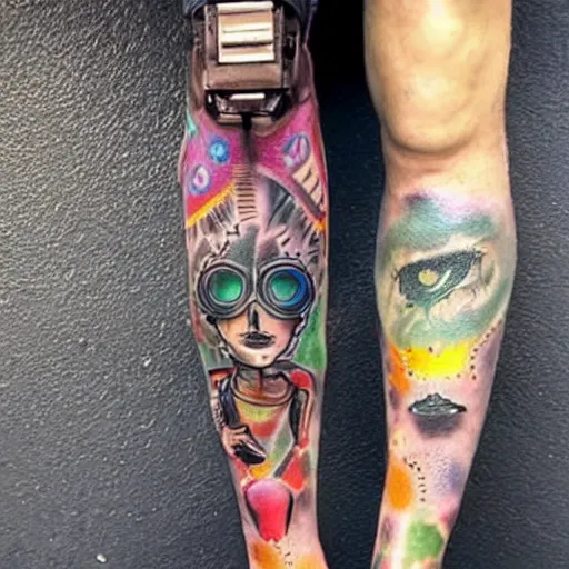 Image similar to leg tattoo of a 3 dimensional hole in the skin with multicolored tubes and robotic mechanics inside under the skin, insanely integrate,