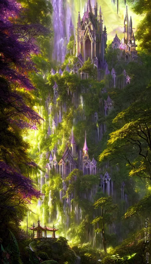 Image similar to fairy palace, castle towers, sunbeams, gothic cathedral, Japanese shrine waterfall, gold and gems, purple trees, lush vegetation, forest landscape, painted by tom bagshaw, raphael lacoste, eddie mendoza, alex ross concept art matte painting
