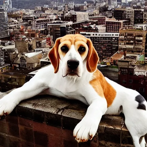 Prompt: photo of gigantic beagle dog over a city