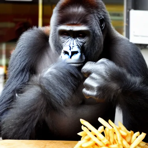 Image similar to A gorilla eating french fries in a barber shop, Go pro footage